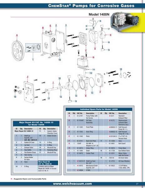 Welch 1400K-10 Chemstar MAJOR REPAIR KIT, for 1400N Vacuum Pump