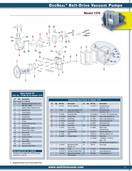 Welch 1376K-05 MINOR REPAIR KIT, for 1376 Vacuum Pump