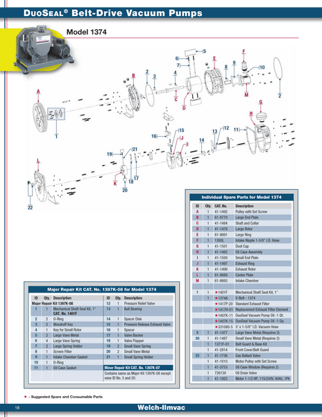 Welch 1397K‐08, MAJOR REPAIR KIT, for 1397 and 1374 Vacuum Pump