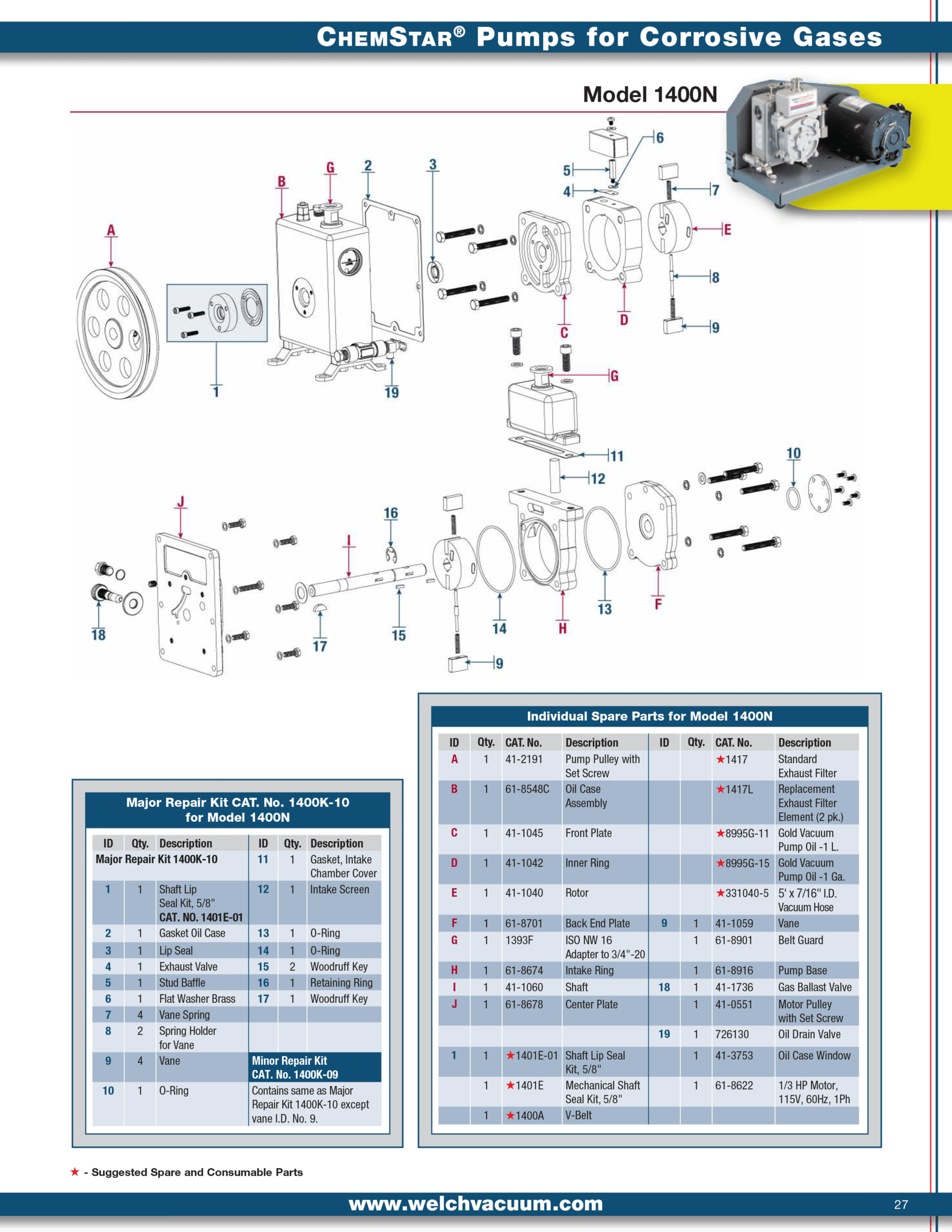 Welch 1400K - 10, Chemstar MAJOR REPAIR KIT, for 1400N Vacuum Pump - Chemtech Scientific Incorporated