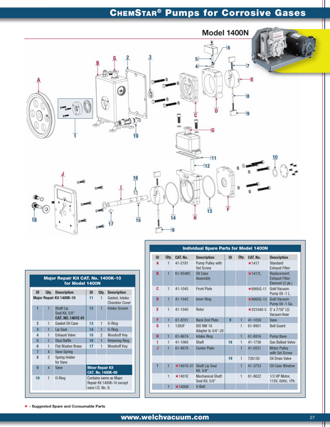 Welch 1400K-10, Chemstar MAJOR REPAIR KIT, for 1400N Vacuum Pump